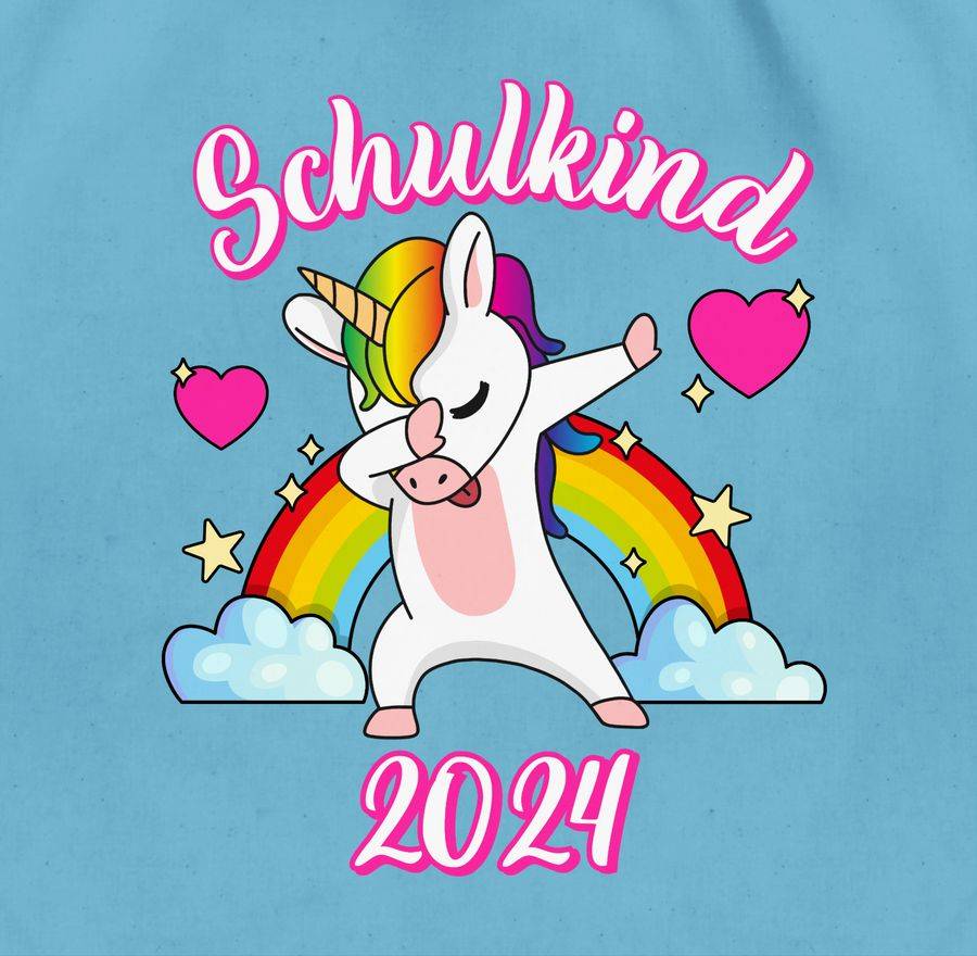 Shirtracer Schulkind 2024 Dabbendes Einhorn Regenbogen: T-Shirt Turnbeutel Shirtracer
