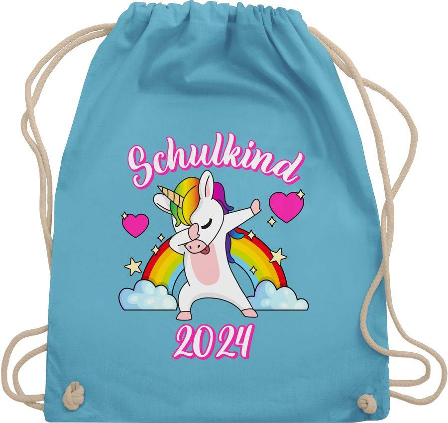 Shirtracer Schulkind 2024 dabbendes Einhorn Regenbogen: T-Shirt Turnbeutel Shirtracer