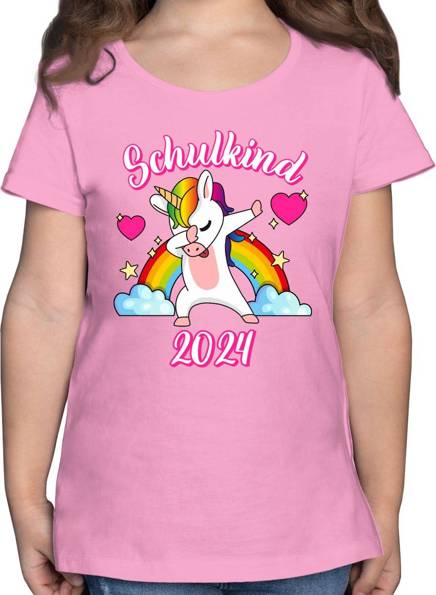 Shirtracer Schulkind 2024 dabbendes Einhorn Regenbogen: T-Shirt Turnbeutel Shirtracer