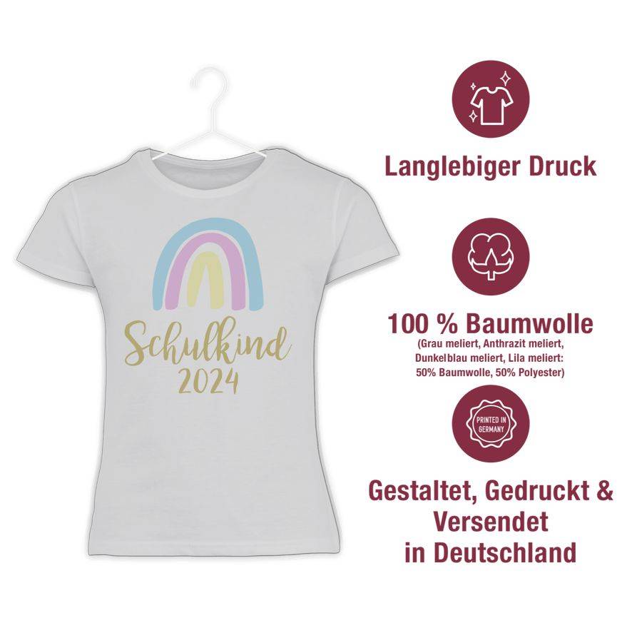 Shirtracer Schulkind 2024 Regenbogen Pastell / Gold: Tshirt Turnbeutel Shirtracer