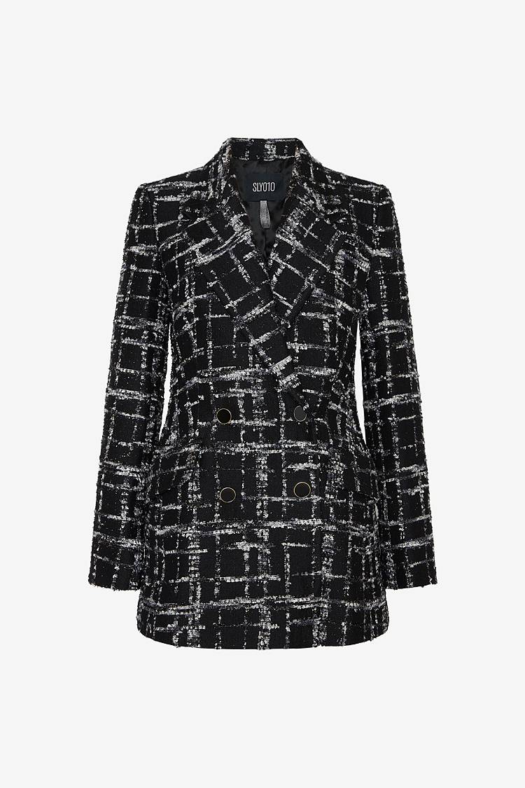 Sly 010 Doppelreihiger Tweed-Blazer mit Emailleknöpfen