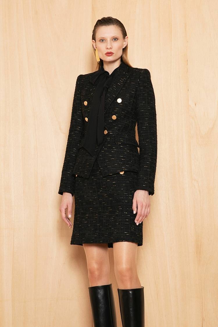 Sly 010 Doppelreihiger Tweed-Blazer Mit Goldknöpfen