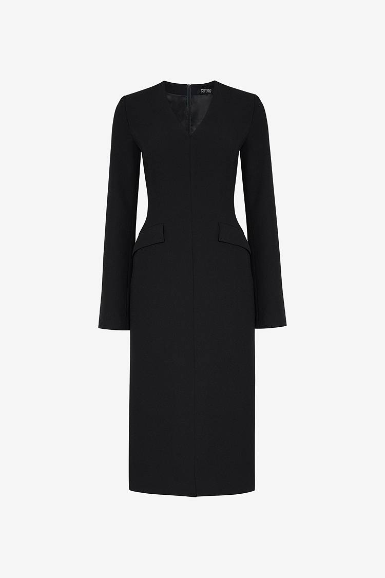 Sly 010 Elegantes Midi-Kleid mit Pattentaschen aus Crêpe-envers-Satin