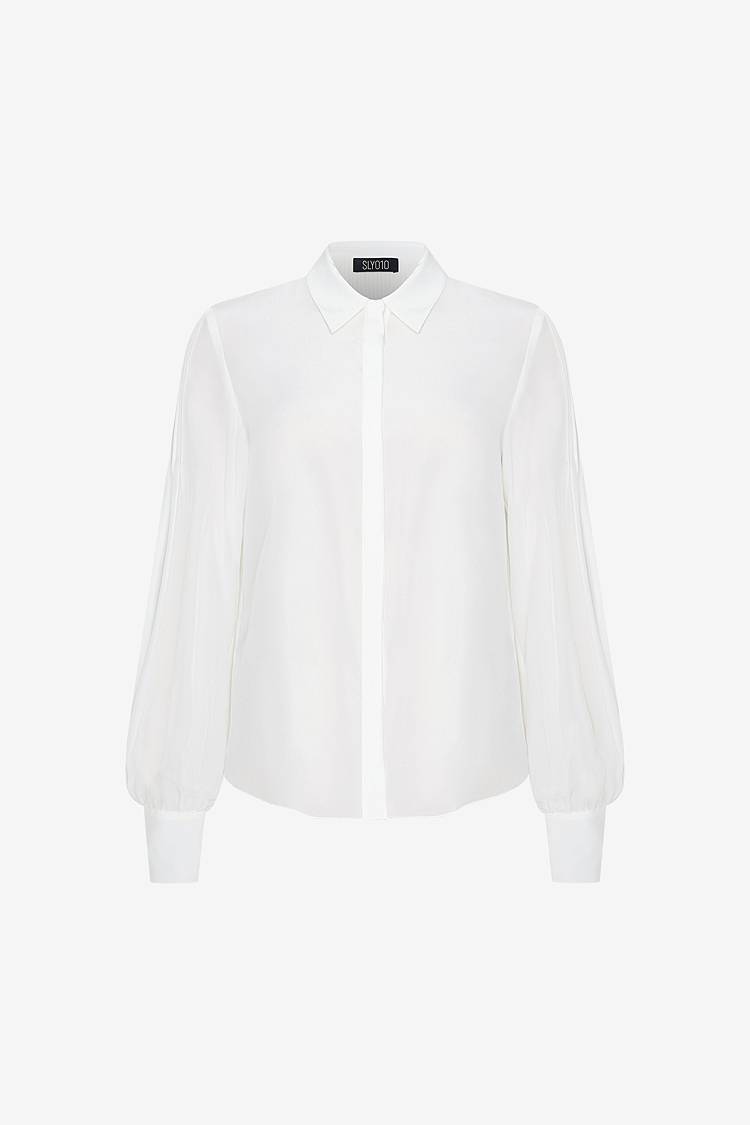 Sly 010 Klassische Seidenbluse mit plissierten Ärmeln