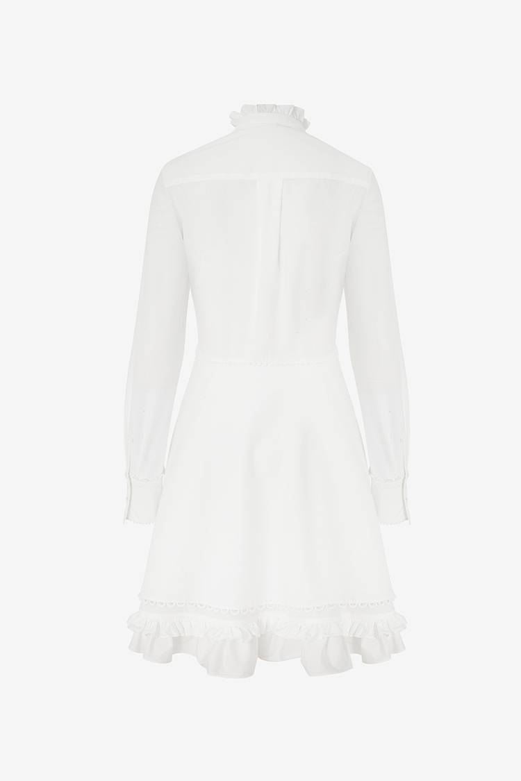 Sly 010 Kleid Aus Weißer Baumwoll-Popeline Mit Rüschendetails