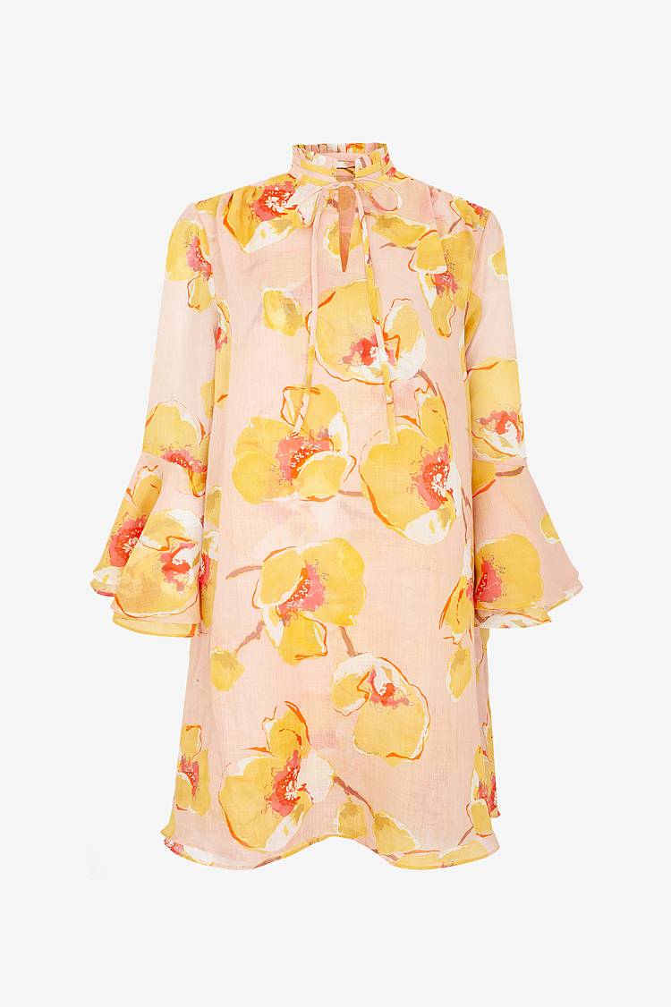 Sly 010 Knielanges Kleid aus Ramie mit Blumen-Print