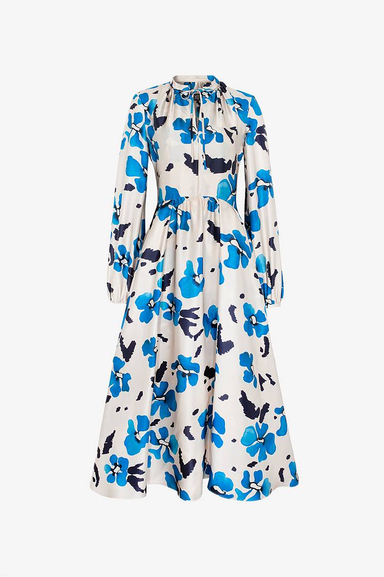 Sly 010 Tailliertes Midi-Kleid aus bedrucktem Seidensatin mit Blumenmuster