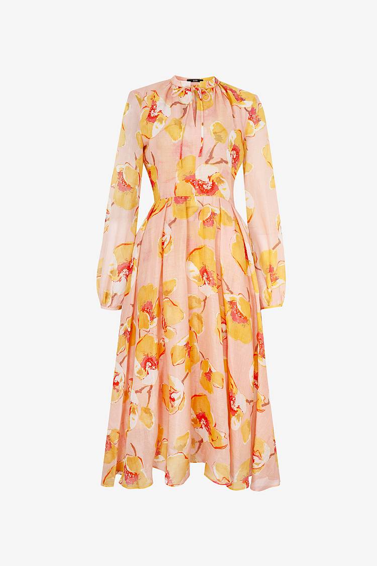 Sly 010 Tailliertes Midi-Kleid aus Ramie mit Blumendruck