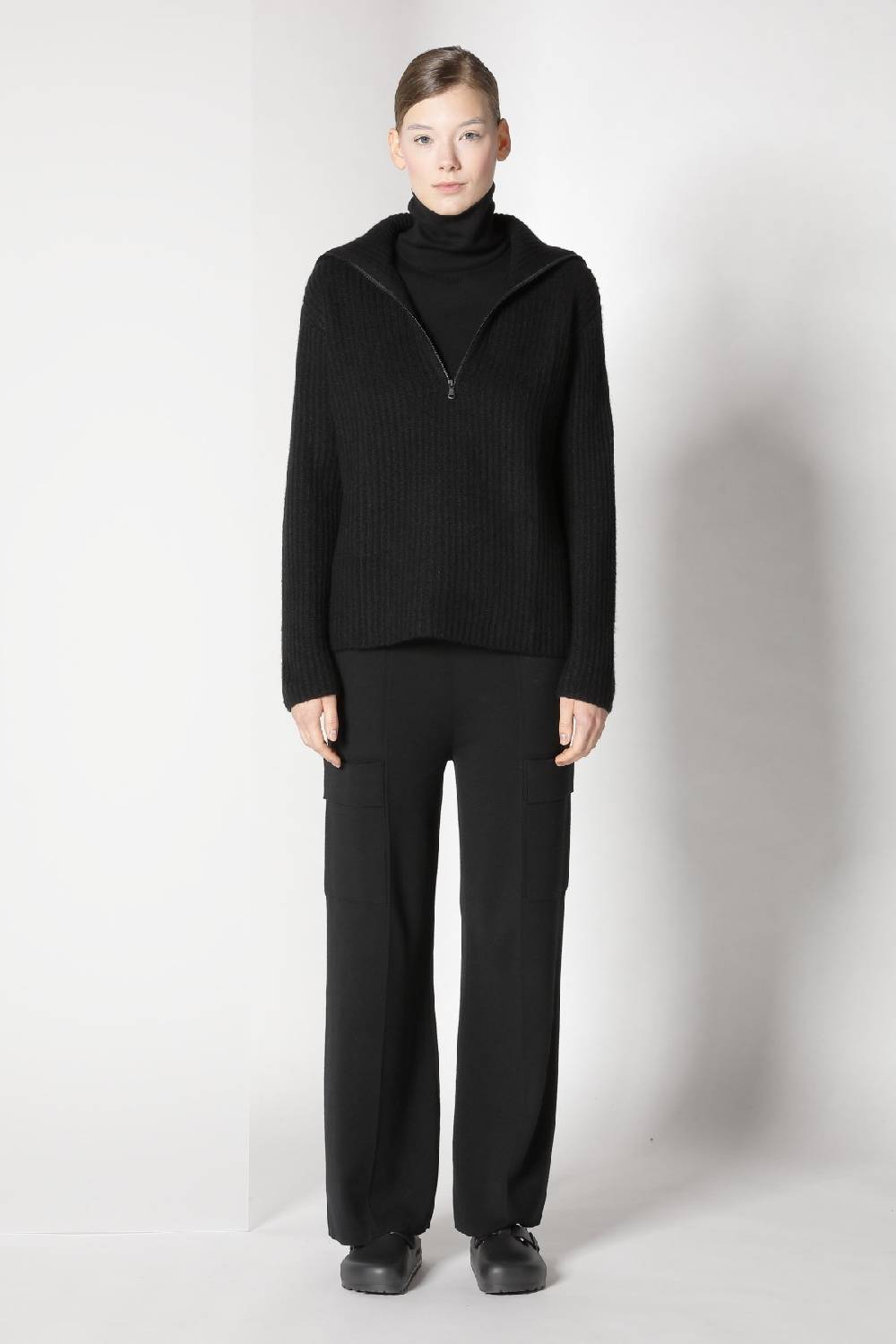 Sminfinity blurry ribbed zip-jumper + fitted turtle top + cargo bellbottom pants