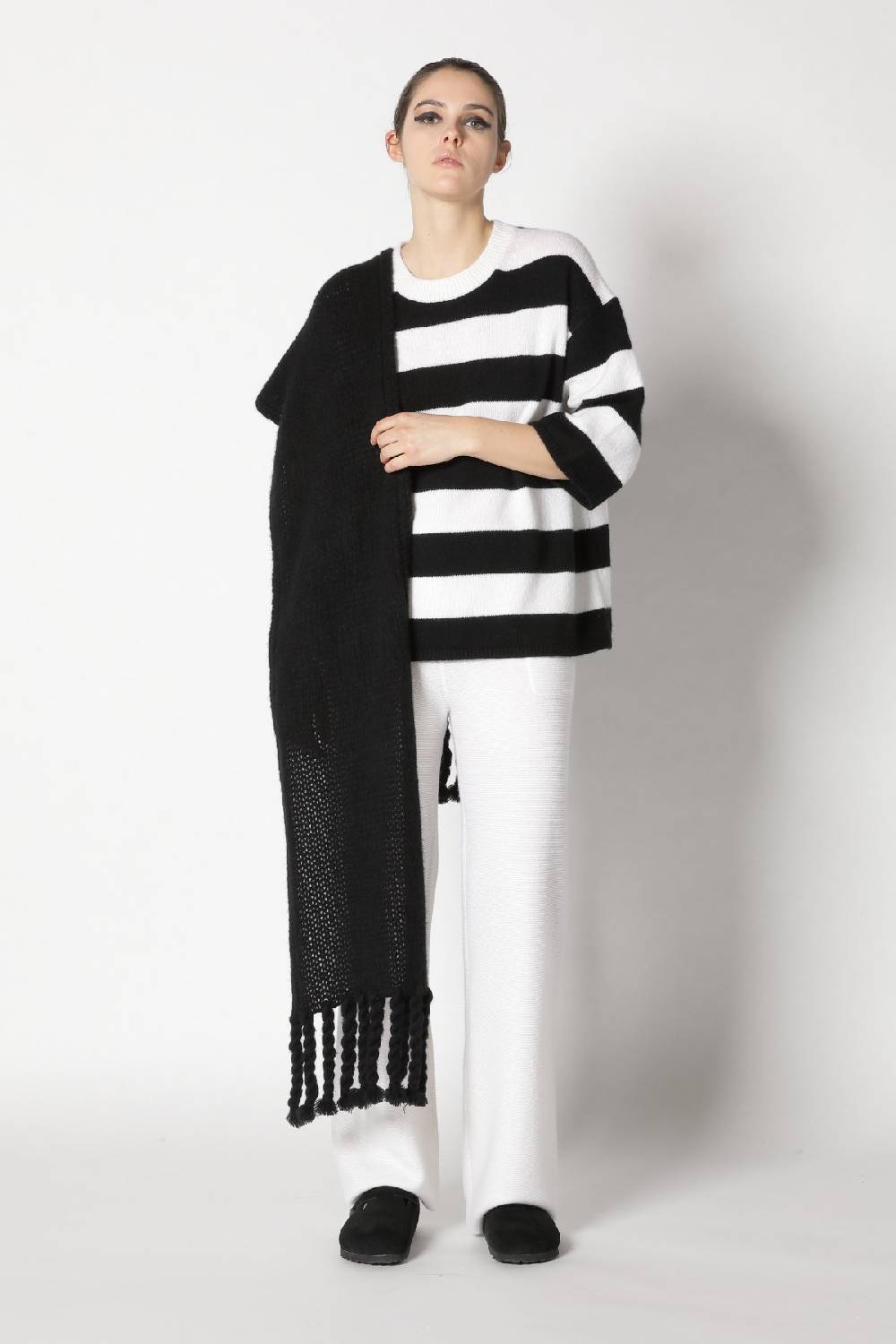Sminfinity Blurry Stripe Jumper + Blurry Chunky Scarf + Garter Palazzo Pants