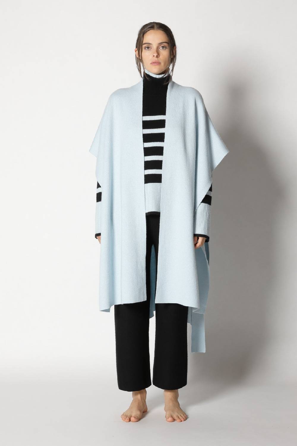 Sminfinity doubleface capecoat + slouchy striped turtle + gater cropped pants