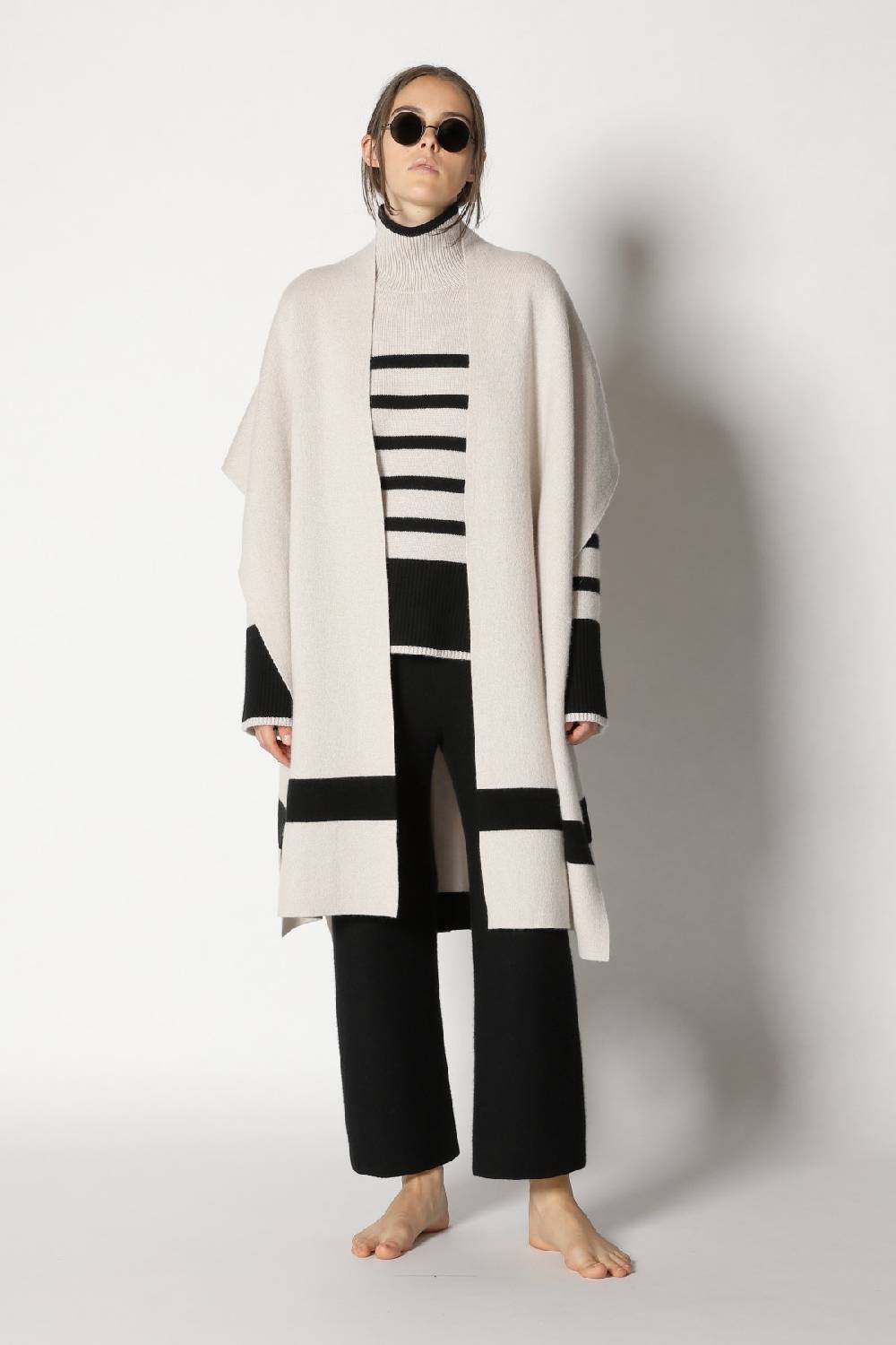 Sminfinity doubleface striped capecoat + slouchy striped turtle + gater cropped pants