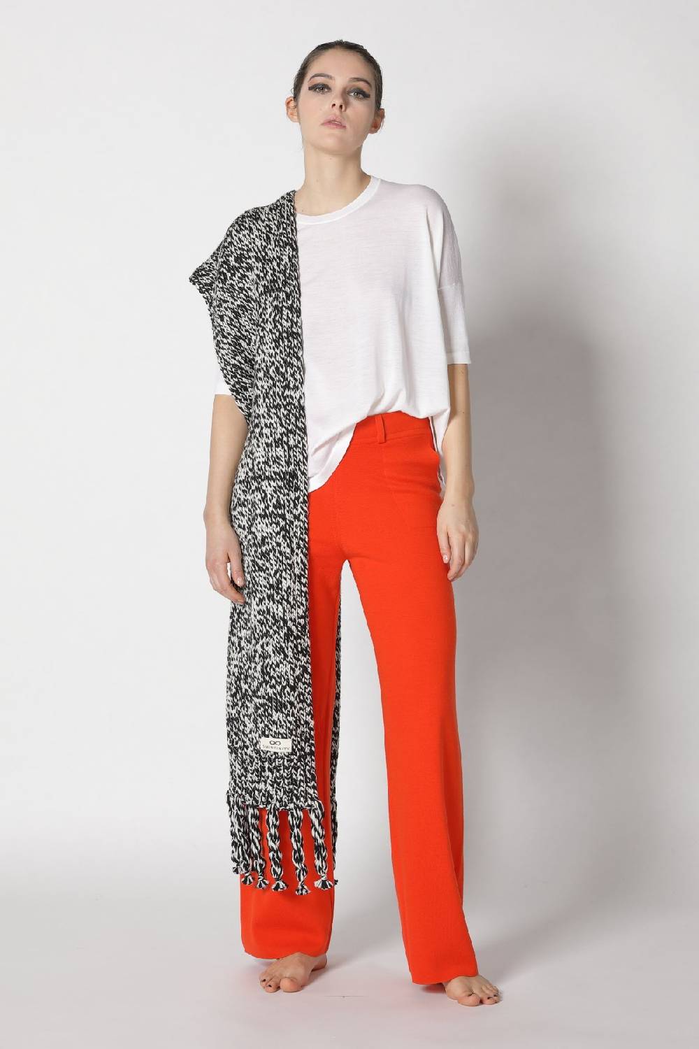 Sminfinity flowing cape jumper + milano palazzo pants + contrast mouliné scarf