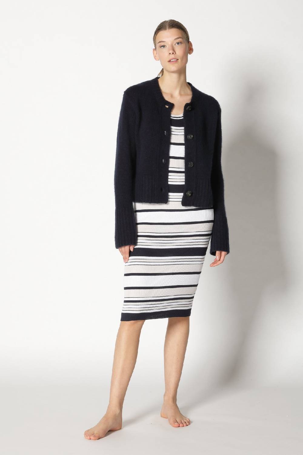 Sminfinity Fluffy Cropped Jacket + Silky Rib Stripe Tank Dress