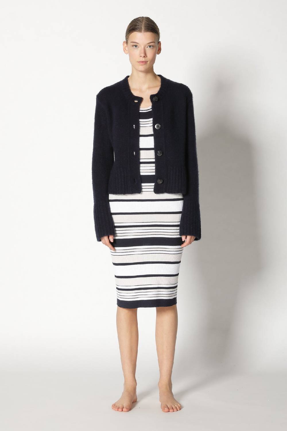 Sminfinity fluffy cropped jacket + silky rib stripe tank dress Sminfinity fluffy cropped jacket + silky rib stripe tank dress