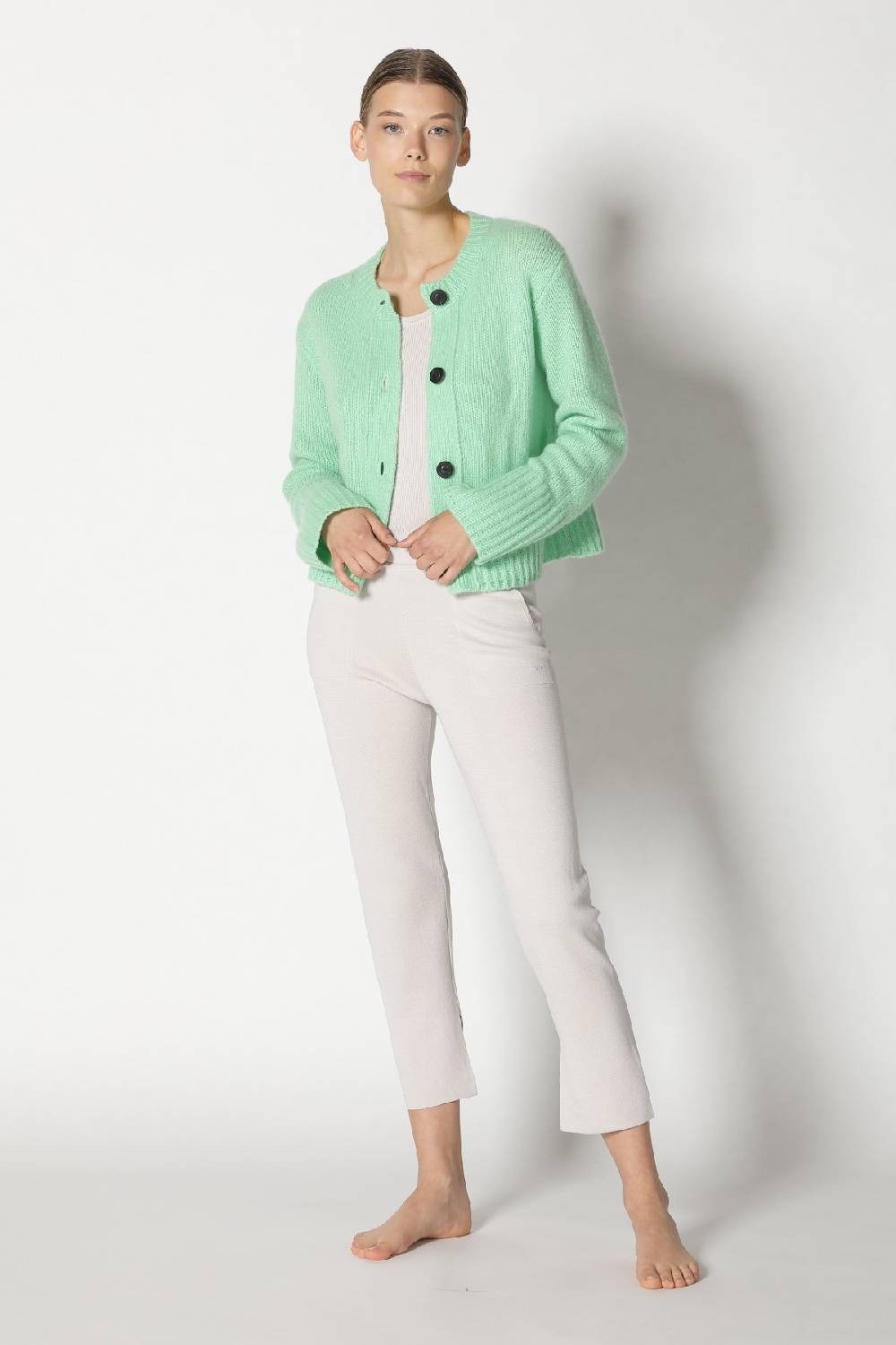 Sminfinity fluffy cropped jacket + silky rib tank top + silky cropped pants