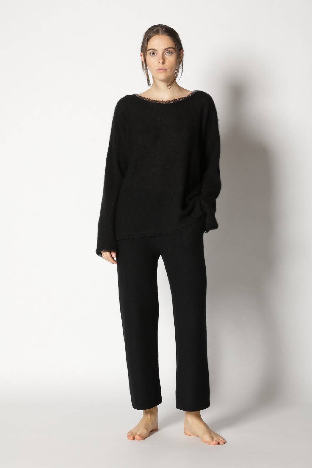 Sminfinity fluffy fringe boatneck + garter cropped pants