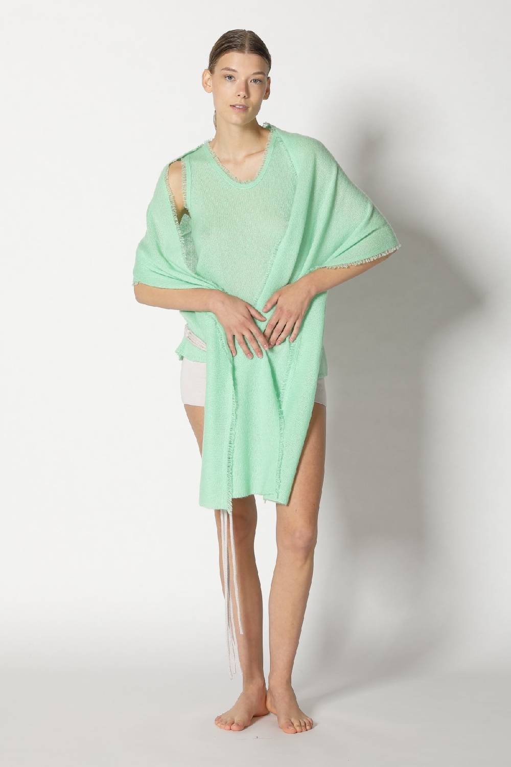 Sminfinity Fluffy Fringe Crew Top + Fluffy Fringe Plaid + Hang Loose Ring Belt Handmade Makrame