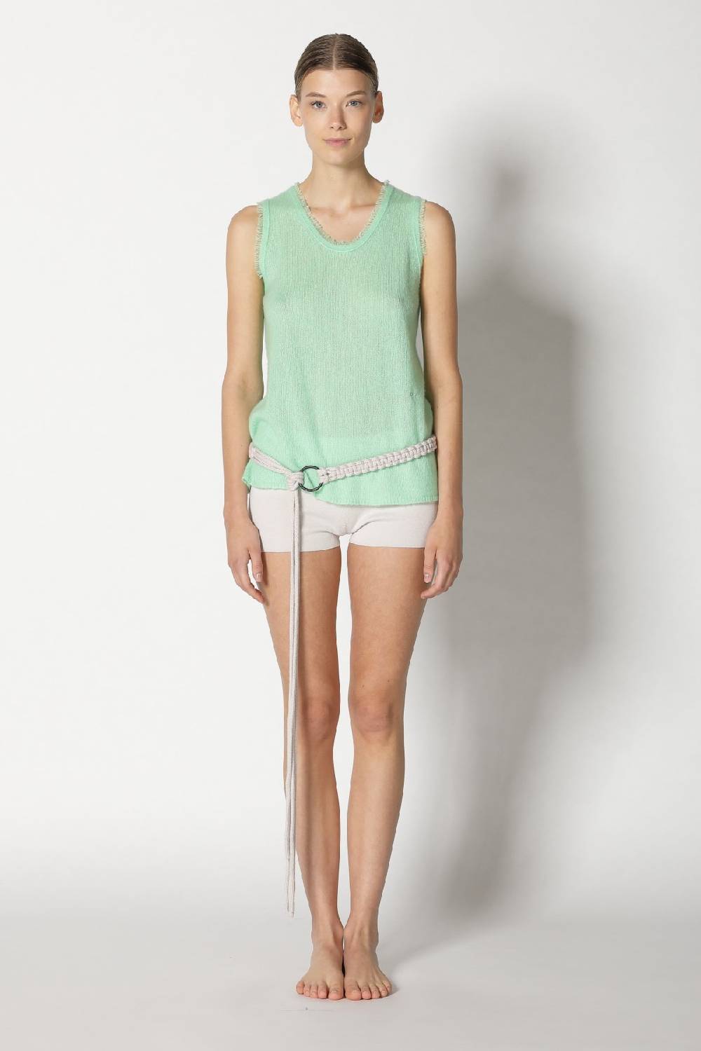 Sminfinity Fluffy Fringe Crew Top + Fluffy Fringe Plaid + Hang Loose Ring Belt Handmade Makrame