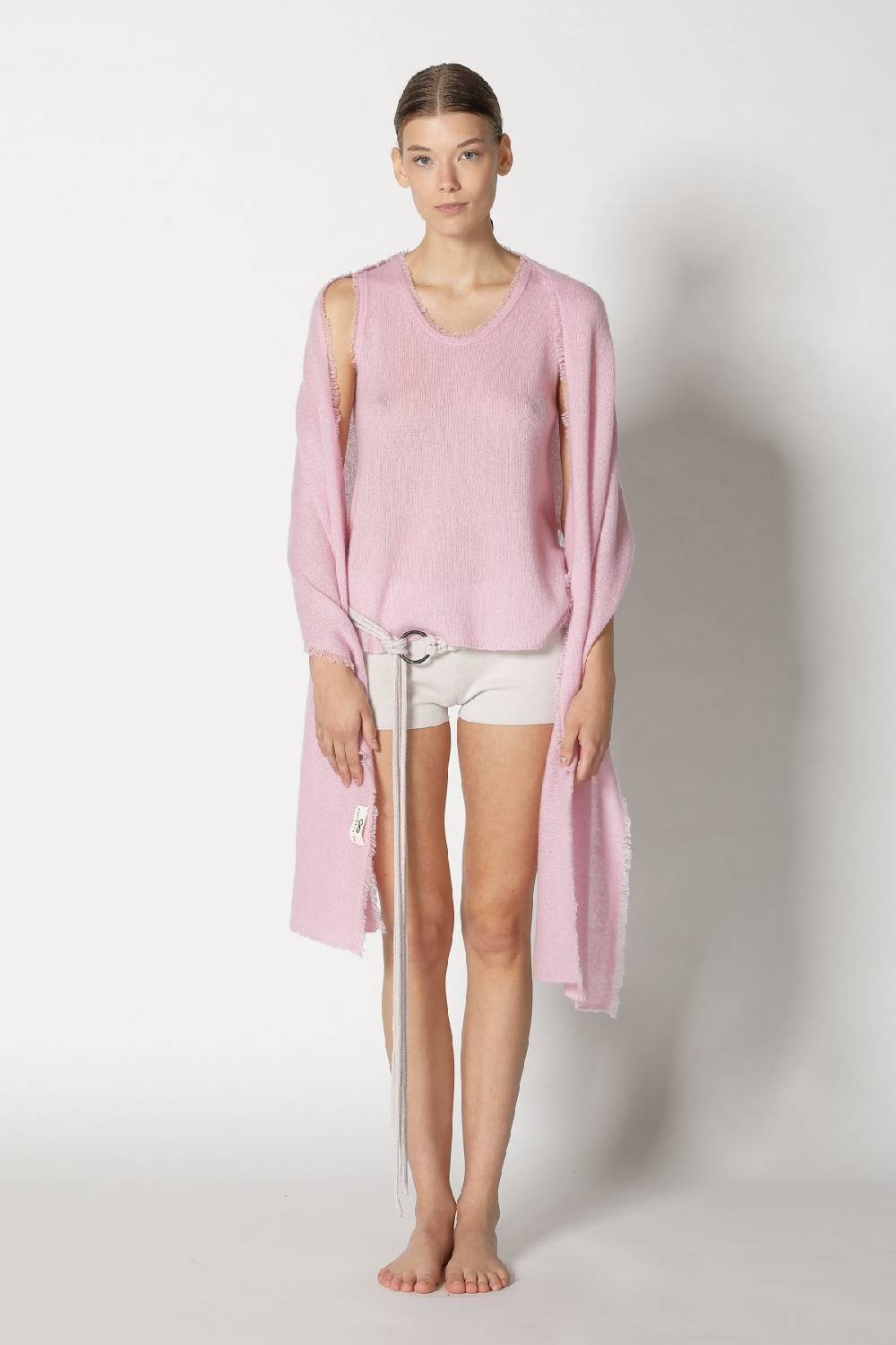 Sminfinity fluffy fringe crew top + fluffy fringe plaid + hang loose ring belt