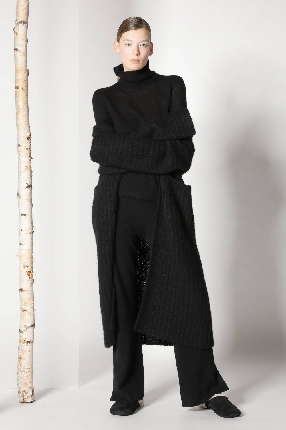 Sminfinity Fluffy Ribbed Maxi Coat + Fluffy 1 Ply Turtleneck + Pure Slitted Pants