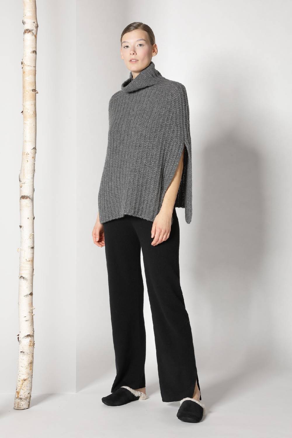 Sminfinity Fluffy Ribbed Turtleneck Cape + Pure Slitted Pants