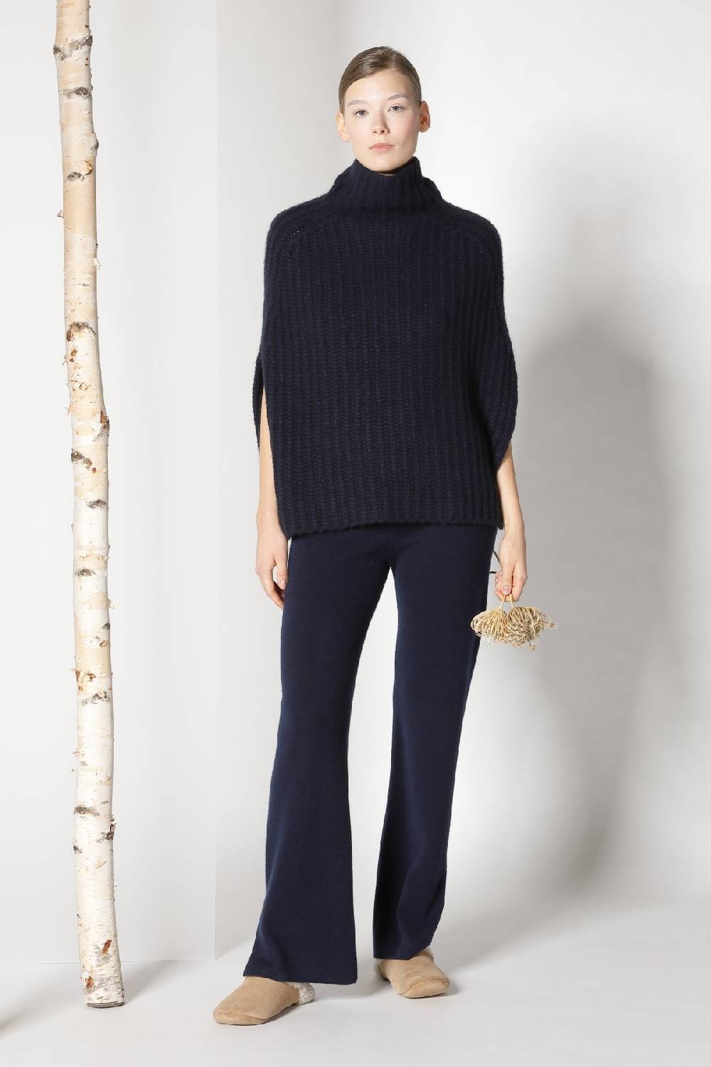 Sminfinity fluffy ribbed turtleneck cape + pure slitted pants