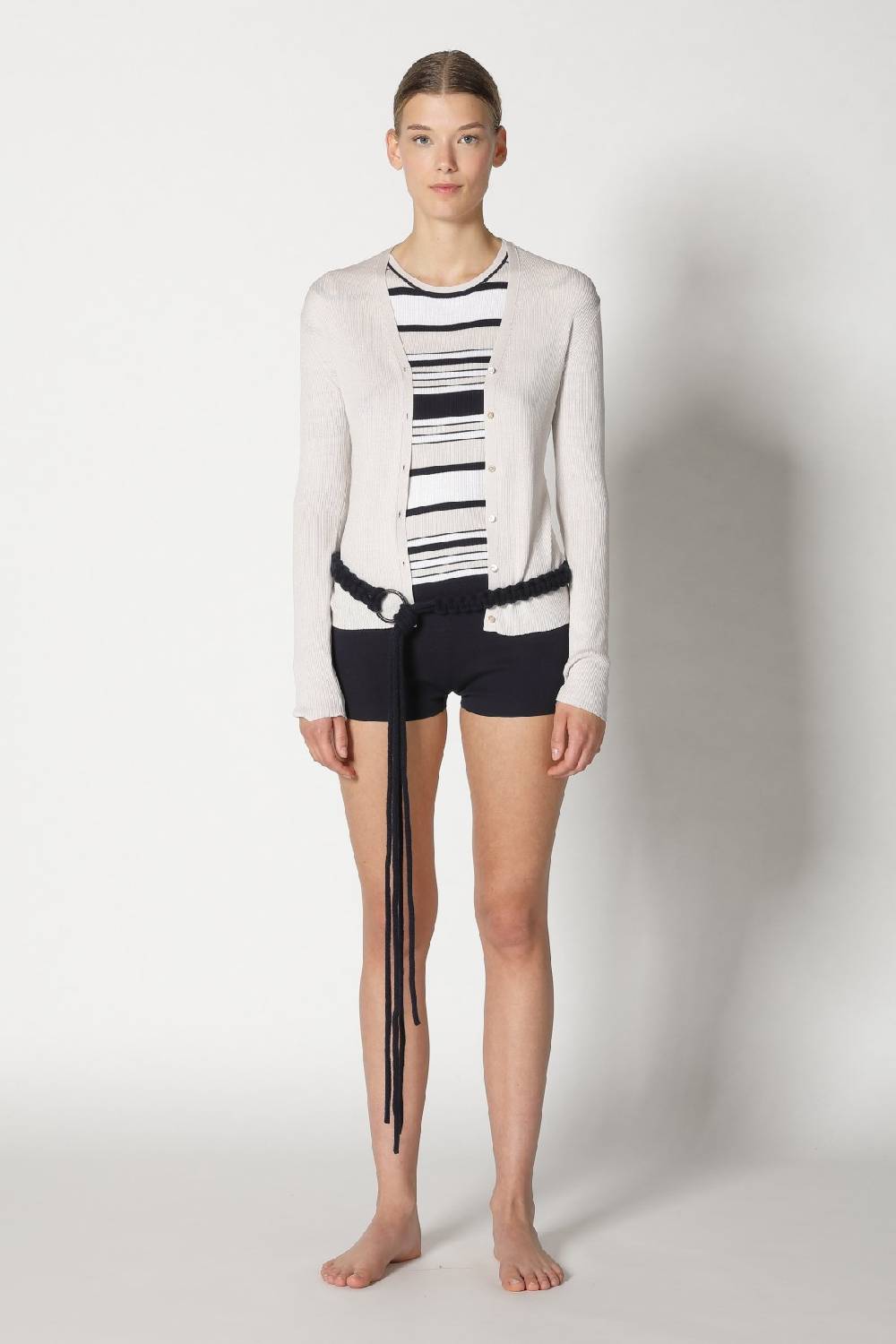 Sminfinity Silky Rib Stripe Crew T + Silky Rib Cardy + Silky Shorts + Hang Loose Ring Belt