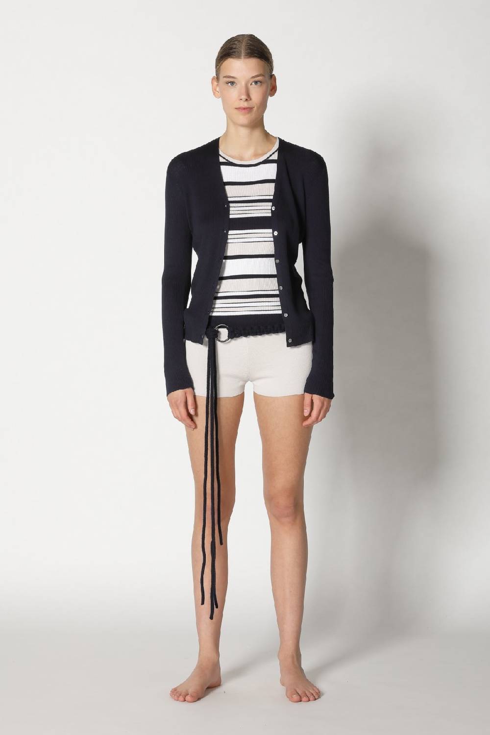 Sminfinity Silky Rib Stripe Crew T + Silky Rib Cardy + Silky Shorts + Hang Loose Ring Belt