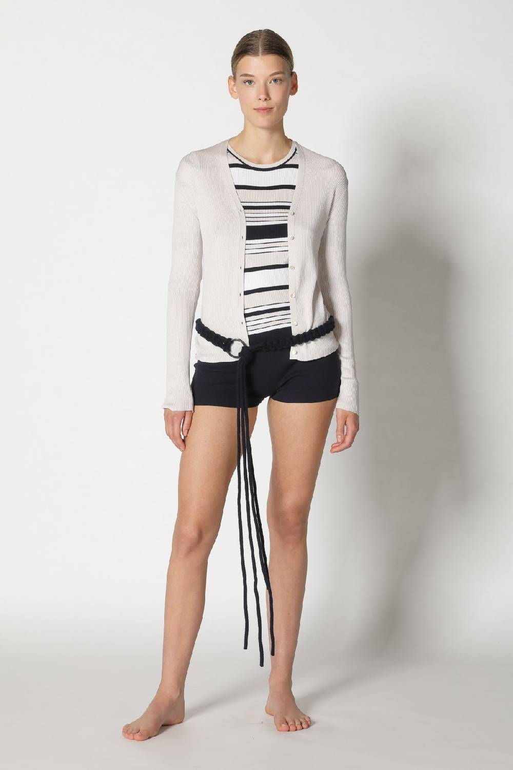 Sminfinity silky rib stripe crew T + silky rib cardy + silky shorts + hang loose ring belt