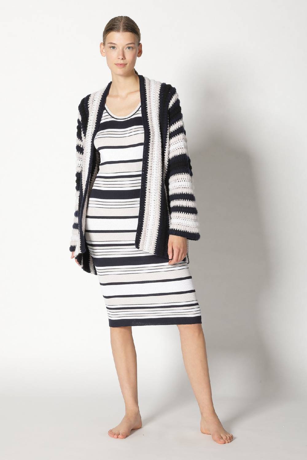 Sminfinity Silky Rib Stripe Tank Dress + Pure Stripe Crochet Jacket
