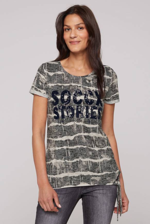 Soccx Ausbrenner-Shirt mit Pailletten-Logo stone beige