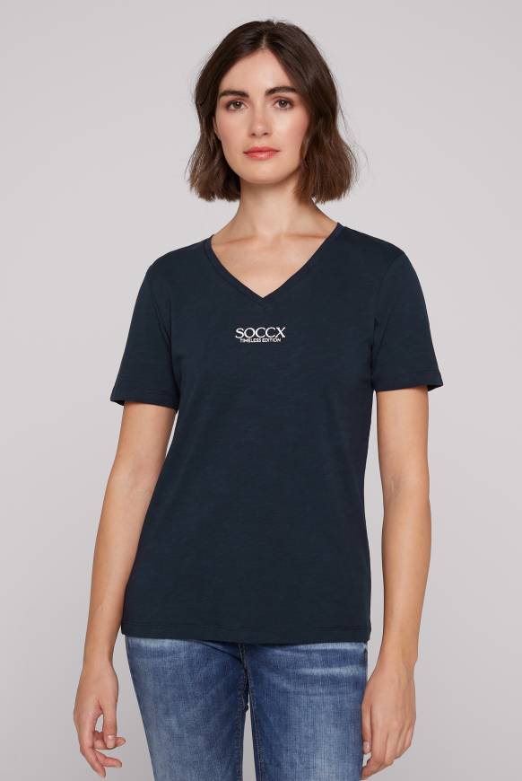 Soccx Basic T-Shirt mit V-Ausschnitt und Logo blue navy