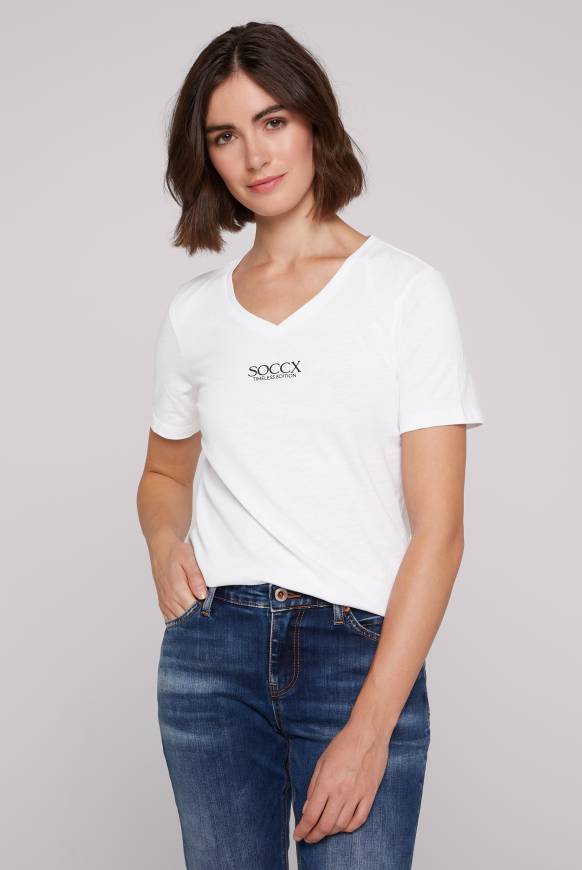 Soccx Basic T-Shirt mit V-Ausschnitt und Logo opticwhite
