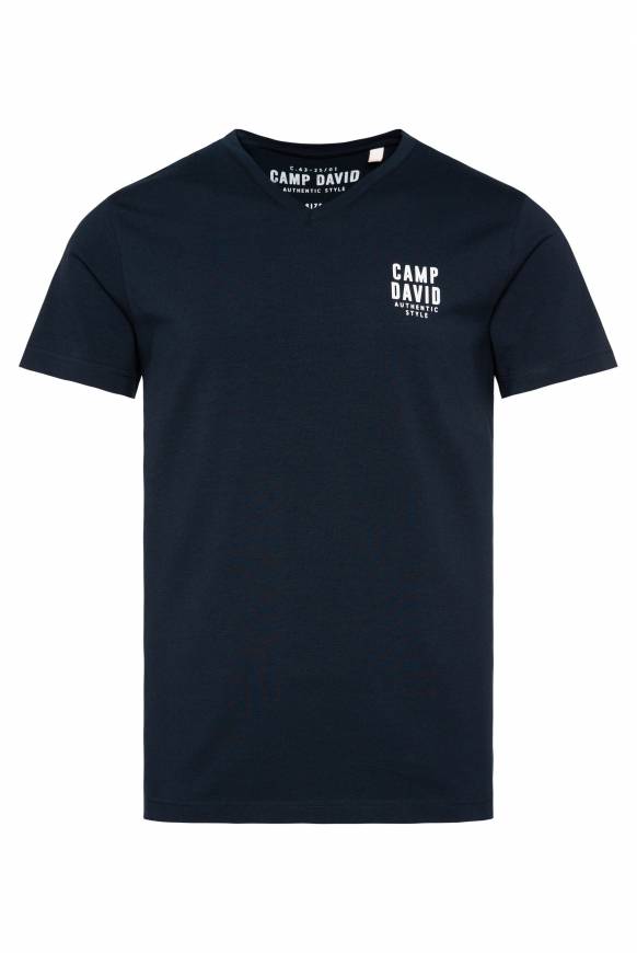 Soccx Basic T-Shirt V-Neck Mit Logo Print Blue Navy
