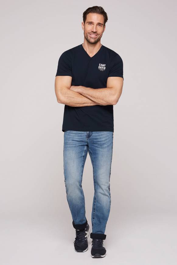 Soccx Basic T-Shirt V-Neck Mit Logo Print Blue Navy