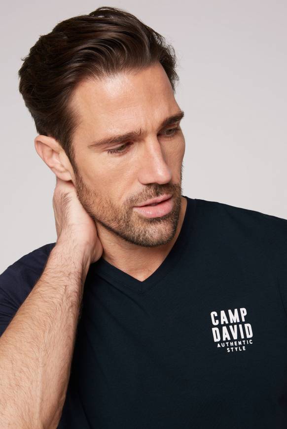 Soccx Basic T-Shirt V-Neck Mit Logo Print Blue Navy