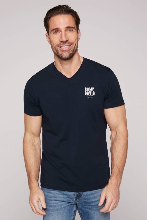 Soccx Basic T-Shirt V-Neck mit Logo Print blue navy