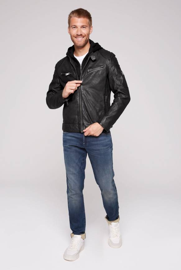 Soccx Bikerjacke Aus Leder Mit Kapuzeneinsatz Black