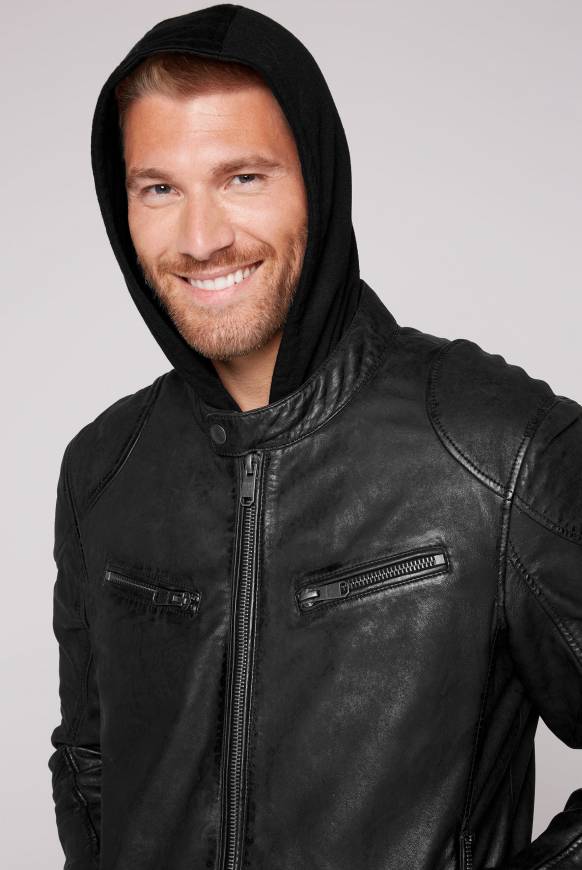 Soccx Bikerjacke Aus Leder Mit Kapuzeneinsatz Black