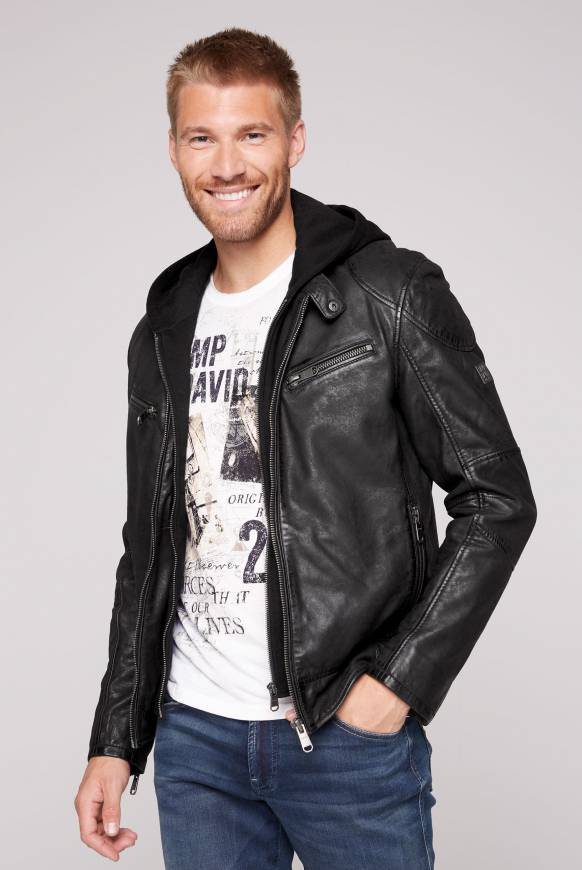 Soccx Bikerjacke aus Leder mit Kapuzeneinsatz black