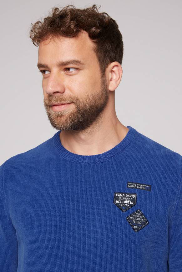 Soccx Chenille-Pullover Stone Washed Mit Patches Strong Blue