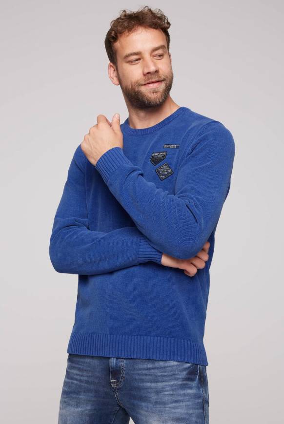 Soccx Chenille-Pullover Stone Washed Mit Patches Strong Blue