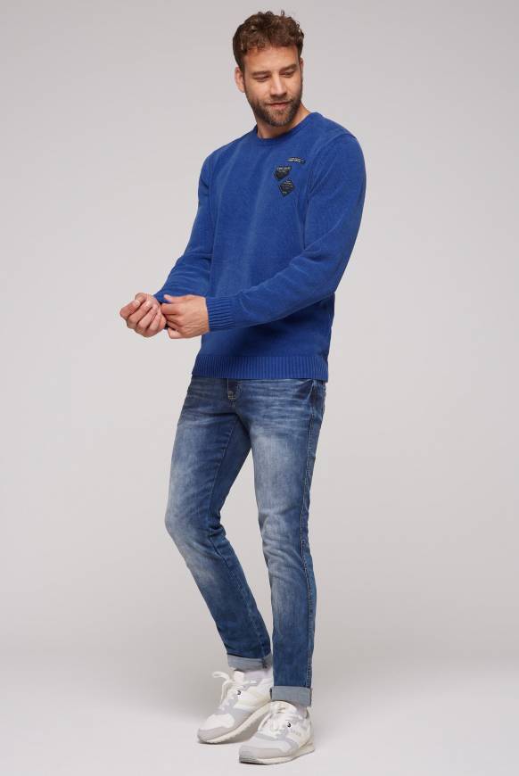 Soccx Chenille-Pullover Stone Washed Mit Patches Strong Blue