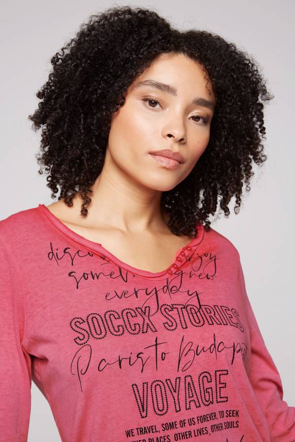 Soccx Henley-Shirt Mit Wording Glitter Print Pinky Red