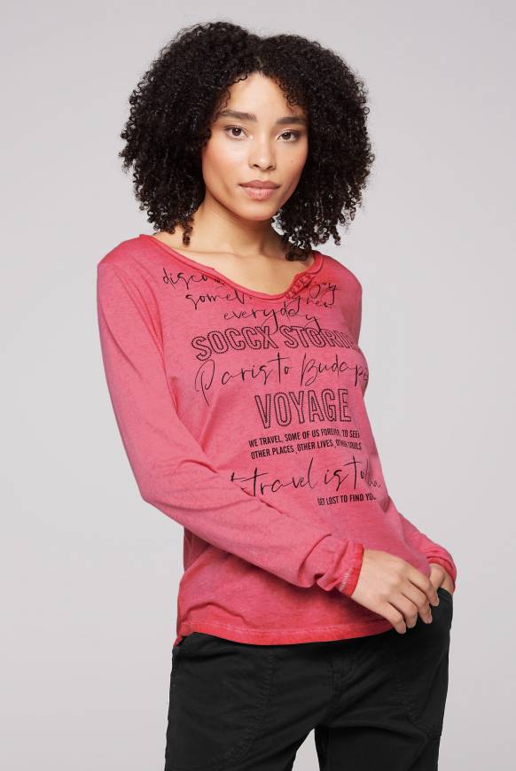Soccx Henley-Shirt mit Wording Glitter Print pinky red