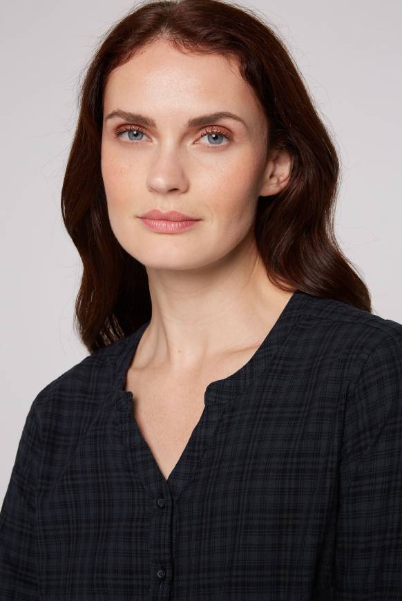 Soccx Karierte Langarmbluse Mit Tunika-Ausschnitt Blue Navy