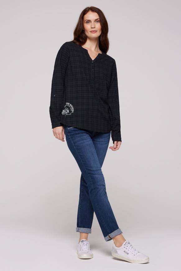 Soccx Karierte Langarmbluse Mit Tunika-Ausschnitt Blue Navy