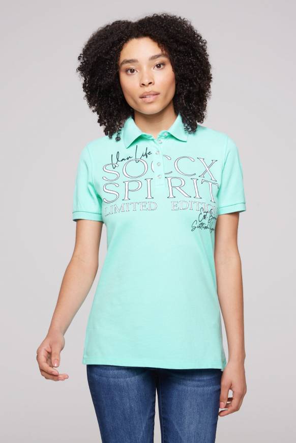 Soccx Kurzarmpolo aus Pikee mit Logo Print aqua green