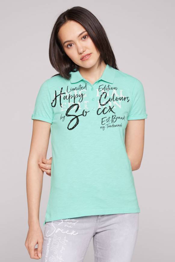 Soccx Kurzarmpolo mit Print und Pailletten neo aqua